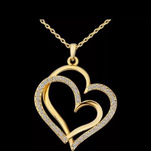18k gold  crystal Double heart pendant necklace